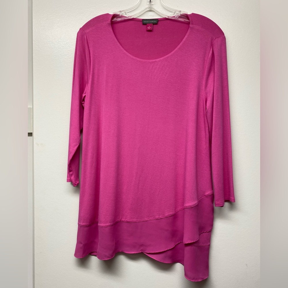 Women's Vince Camuto Pink 3/4 Sleeve Round Neck Top w/ Asymmetric Ruffle Small